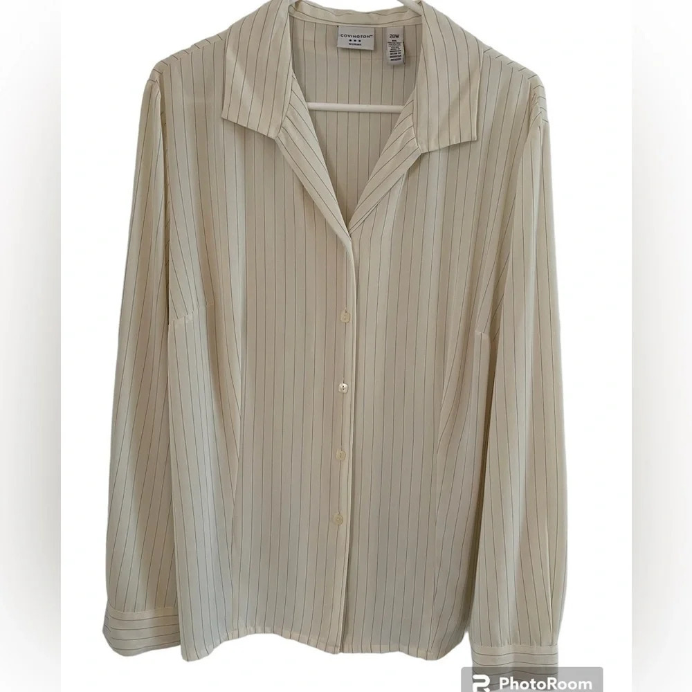 Covington Woman Long Sleeve Pin Striped Button Down Blouse Cream Gray 20W